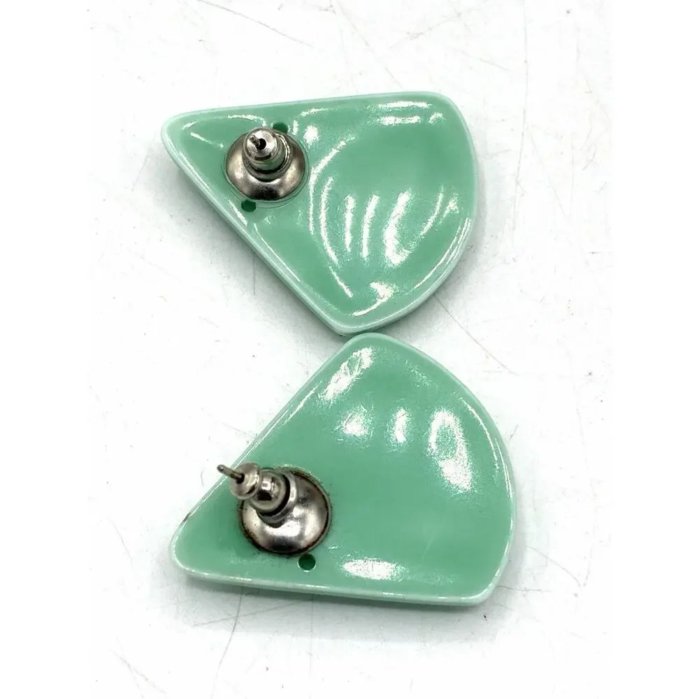 Vintage 1980s Mint Green Geometric Statement Earrings Oversized Pierced Mod